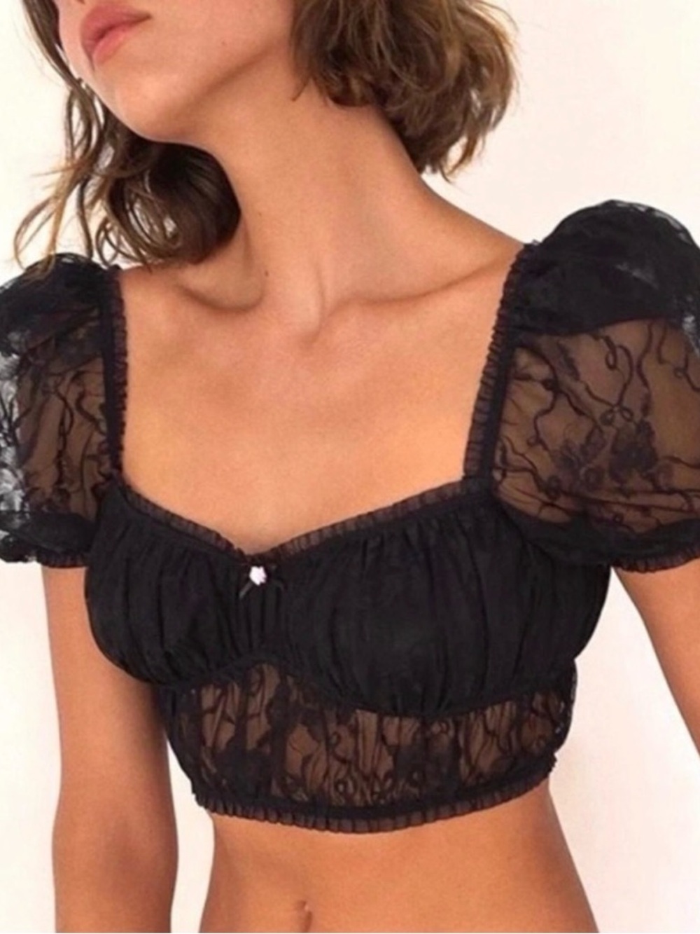For Love & Lemons Black Sheer Lace Puff-Sleeve Crop Top